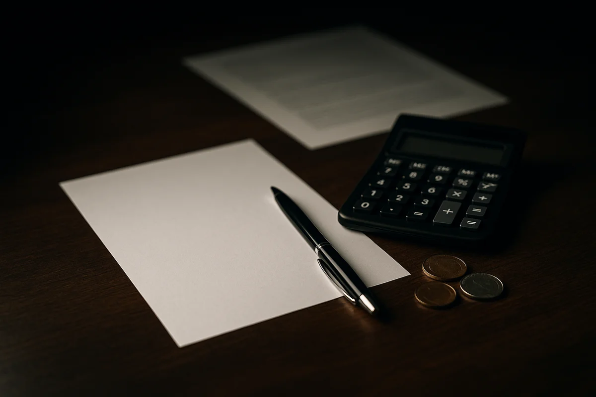 Image générée par IA, une feuille de papier vierge, un stylo et une calculatrice posés sur un bureau sombre.