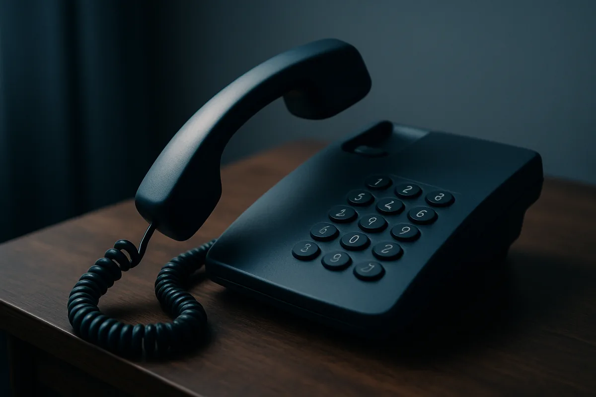 Image générée par IA, un téléphone fixe dont le combiné est décroché, posé sur une table en bois.
