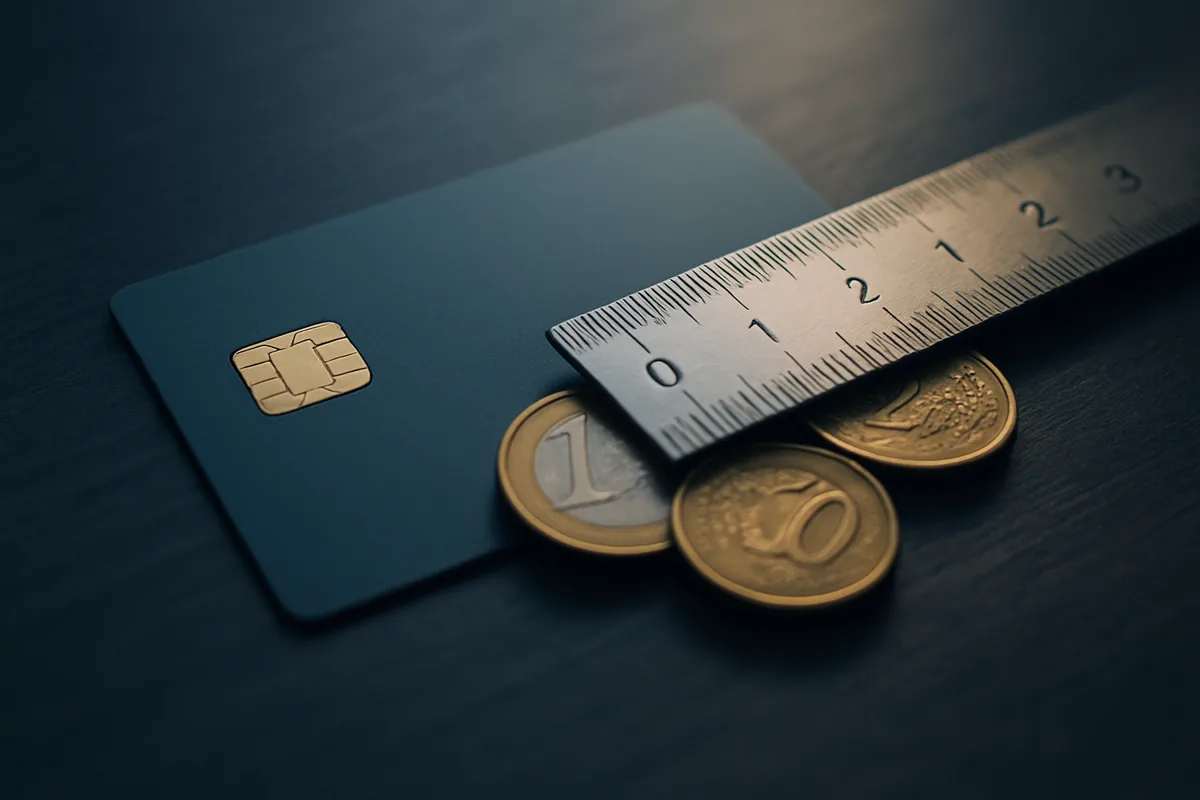 Image générée par IA, une carte bancaire et des pièces sur une table, avec une règle en métal posée dessus.