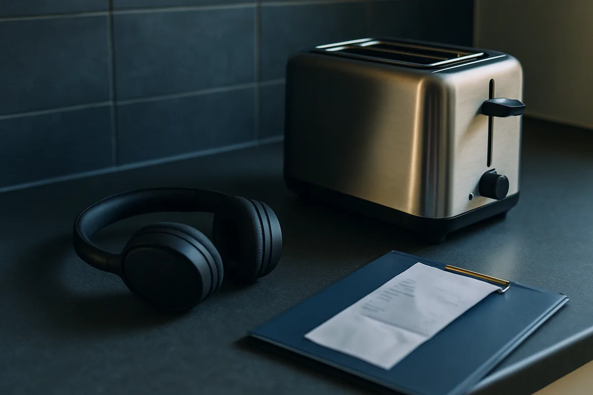 Image générée par IA, un casque audio et un grille-pain sur un plan de travail, à côté d'un dossier contenant un ticket de caisse.