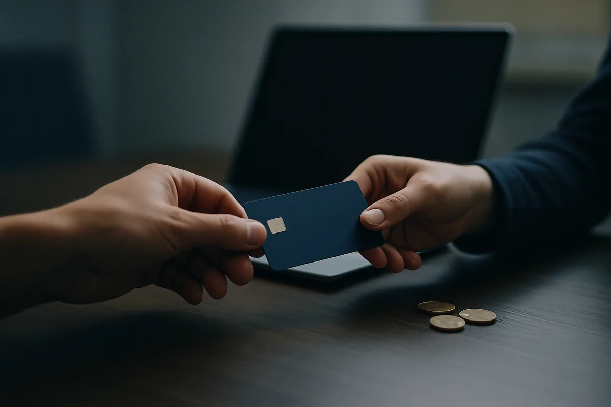 Image générée par IA, une main qui tend une carte bancaire à une autre main, avec un ordinateur portable en arrière-plan.