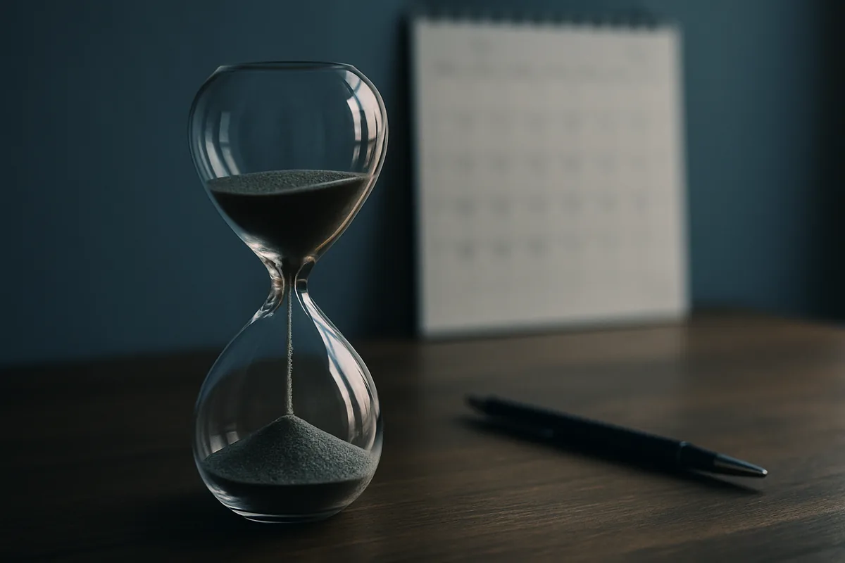 Image générée par IA, un sablier sur un bureau, avec un calendrier flou à l'arrière-plan.