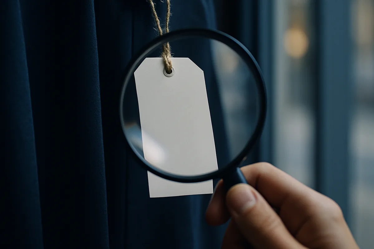 Image générée par IA, une loupe devant une étiquette de prix vierge accrochée à un produit en vitrine.