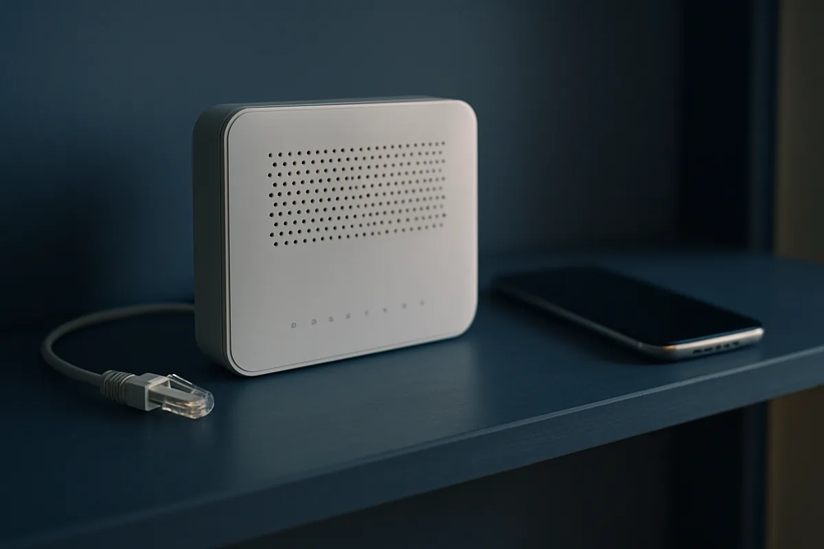 Image générée par IA, une box internet dont le câble est débranché, à côté d'un smartphone.