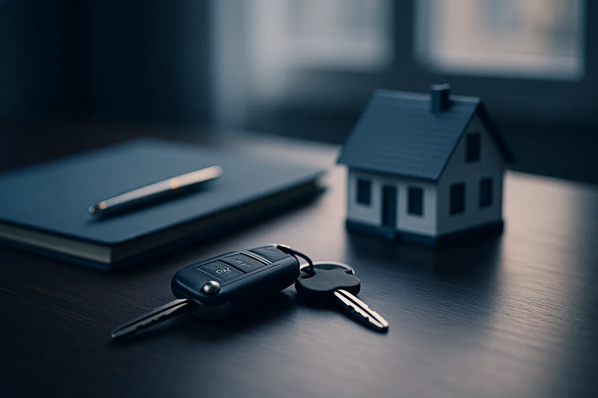 Image générée par IA, des clés de voiture, une petite maquette de maison et un dossier posés sur un bureau.