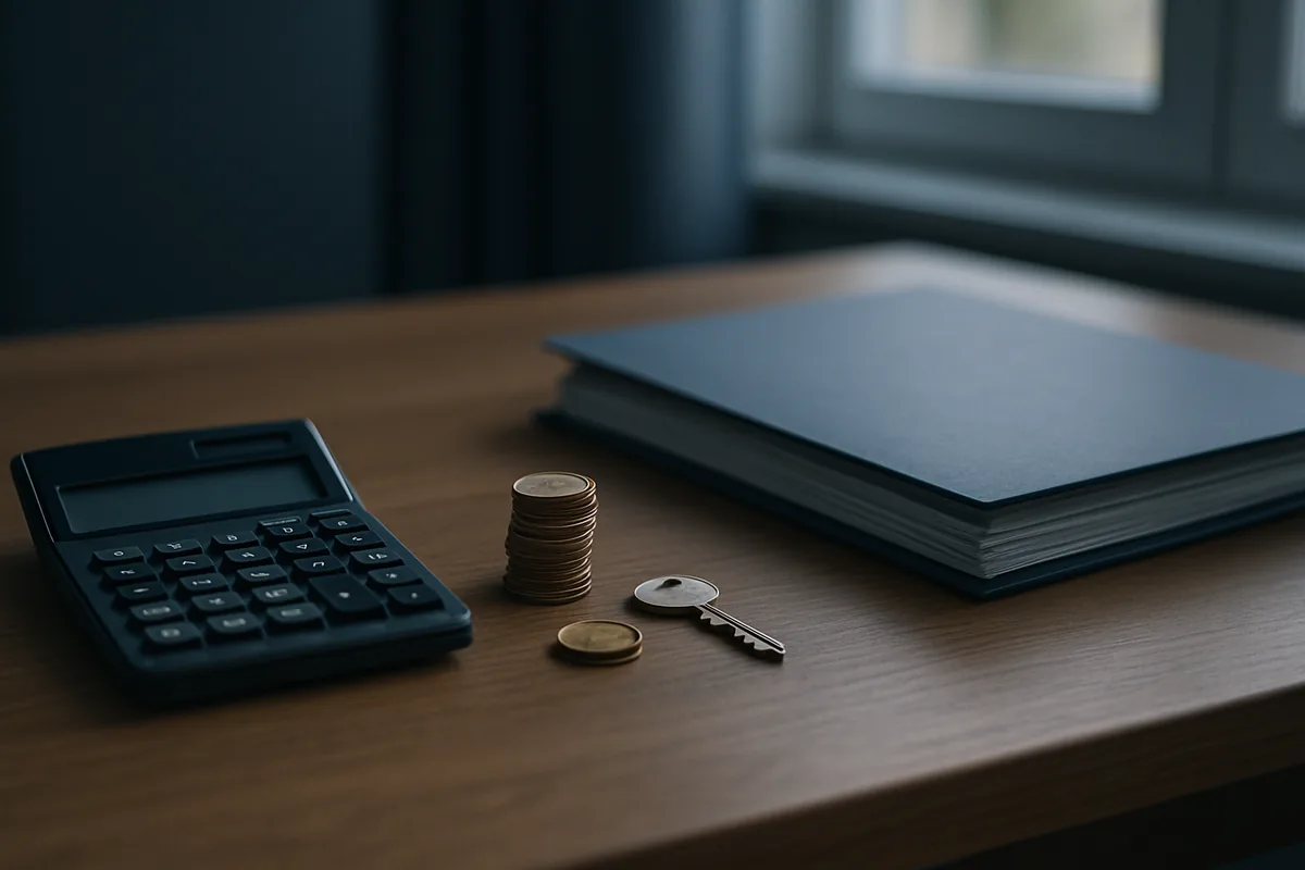 Image générée par IA, un bureau avec une calculatrice, quelques pièces, un dossier de papiers et une clé.