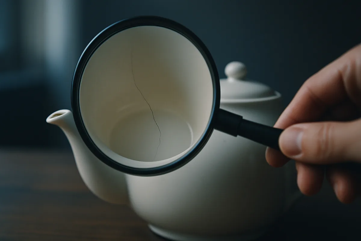 Image générée par IA, une loupe qui révèle une fine fissure à l'intérieur d'une théière en céramique.