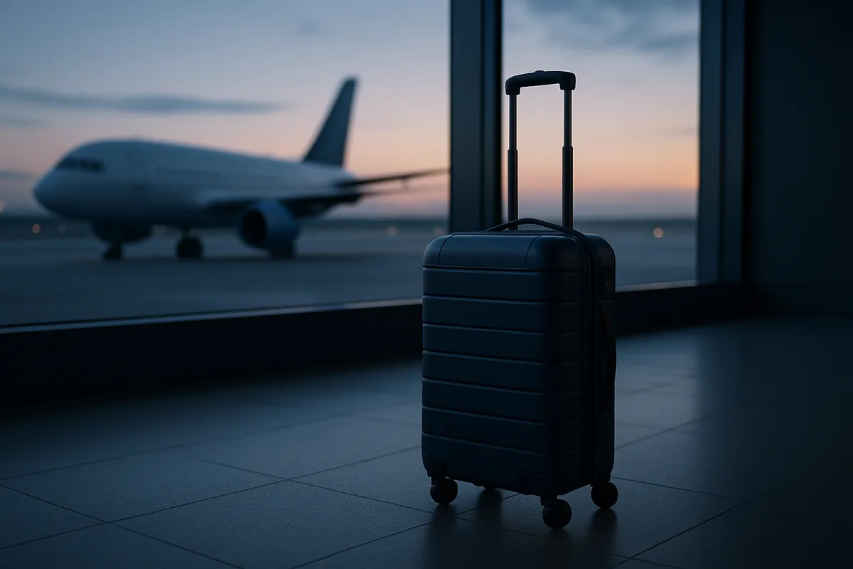 Image générée par IA, une valise seule dans un hall d'aéroport vide, devant une baie vitrée donnant sur un avion.
